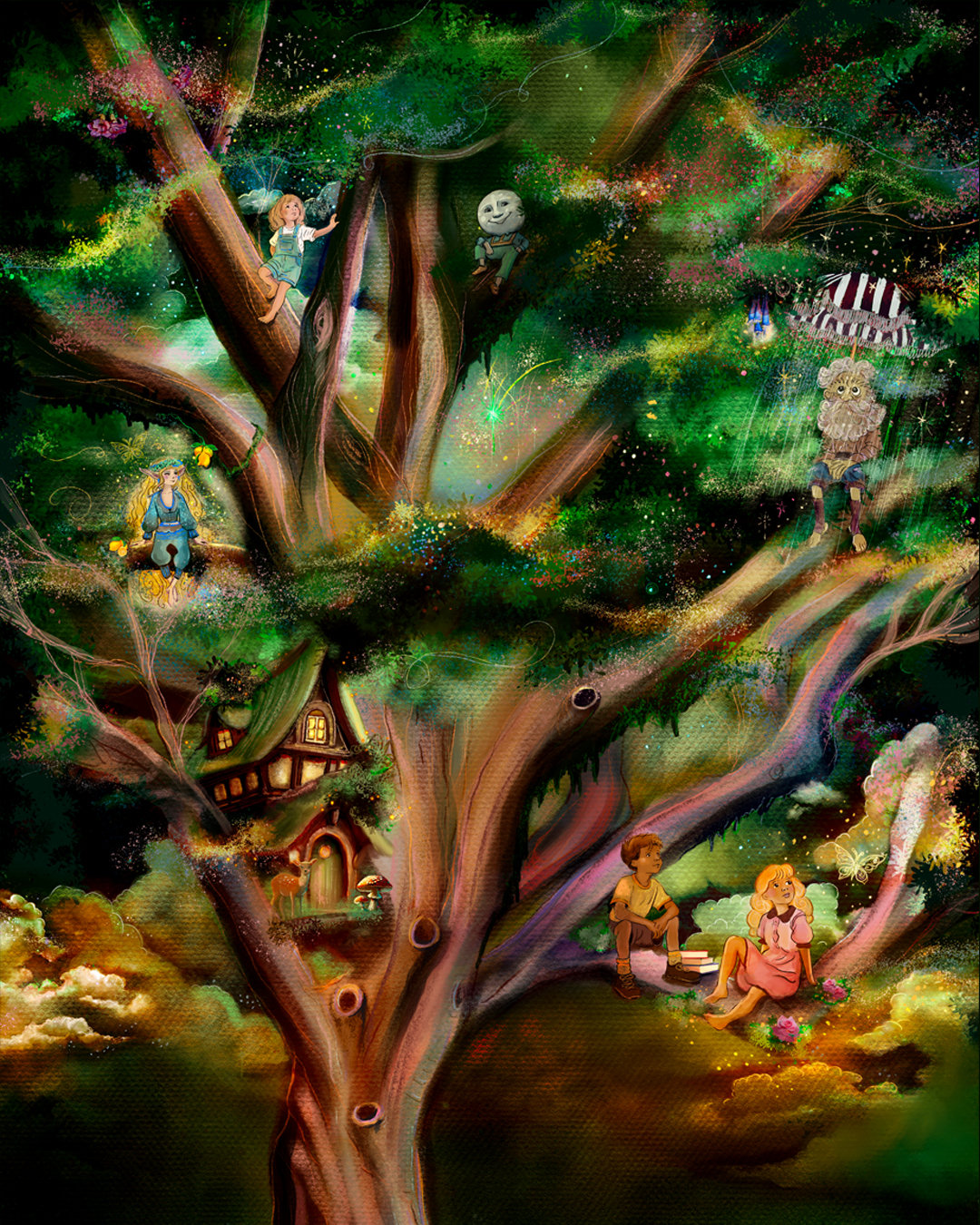 Whimsical tree with characters and magic.